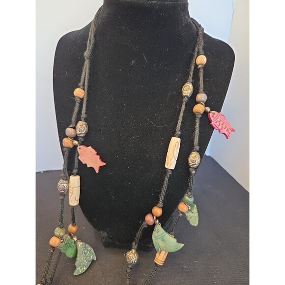 Soapstone & Metal Long Necklace Animal Carvings 32", 7" Carved Bracelet, India - Picture 2 of 4